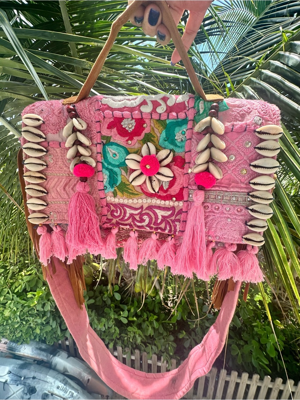 Handcrafted Pink Embroidered Boho Tote Bag with Tassels & Shells